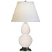 Double Gourd Small Table Lamp in Lily Glazed Ceramic with Deep Patina Bronze Base & Pearl Dupioni Fabric Shade