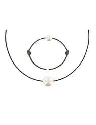 Les Poulettes Jewels - Necklace and Bracelet Set White Pearl 8-9 mm with Dark Brown Color Wax Cord