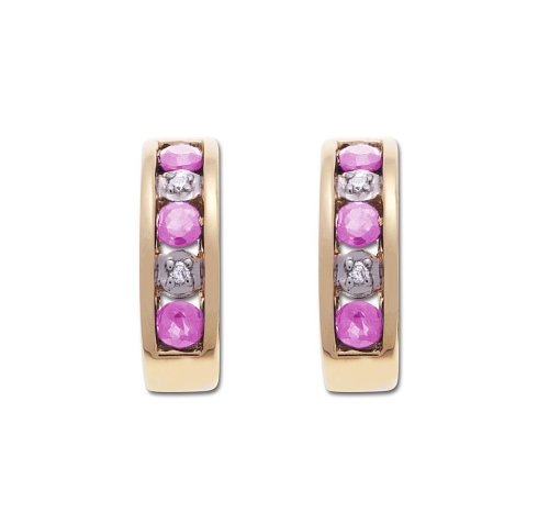 10K Yellow Gold Pink Sapphire J Hoop Earrings w/ Diamond Accent