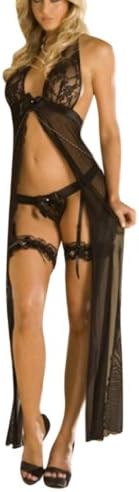 AM CLOTHES Womens Unique Sexy Sheer Lace Nightgown Long Slit G-string Lingerie Set
