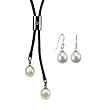Forever Friends White Cultured Pearl Leather Bar Slider Lariat Necklace & Pearl Drop Earrings Sterling Silver Set
