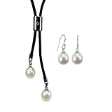 Forever Friends White Cultured Pearl Leather Bar Slider Lariat Necklace & Pearl Drop Earrings Sterling Silver Set