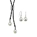 Forever Friends White Cultured Pearl Leather Bar Slider Lariat Necklace & Pearl Drop Earrings Sterling Silver Set