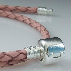 Hoobeads Jewelry Pink Leather 925 Sterling Silver Barrel Clasp Bracelet (15 inches)
