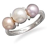 14K White Gold Ring with Multi Color Freshwater Button Pearls and Diamonds with Wood Box