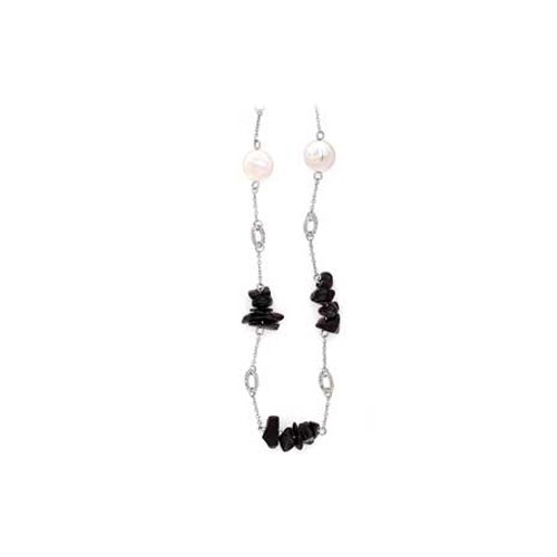 Sterling Silver Onyx and Coin Pearl Necklace - 48''