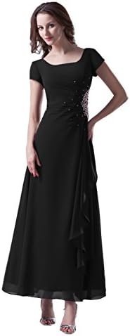 Desimpler Women's Cap Sleeve Square Beaded Chiffon Long Prom Eveing Gown (US 10, Black)