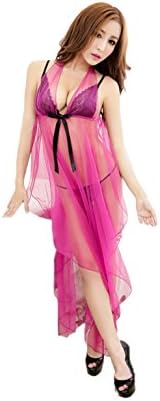 Sexy Lingerie Mesh and Lace V Neck Night Skirt Long Dress With G-string