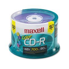 Maxell Cd-R Discs, 700Mb/80Min, 48X, Spindle, Assorted Colors, 50/Pack