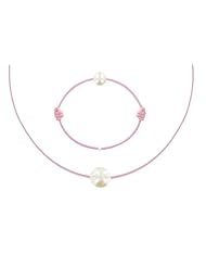 Les Poulettes Jewels - Necklace and Bracelet Set White Pearl 8-9 mm with Pink Color Wax Cord