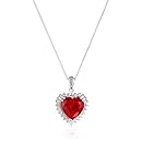 Sterling Silver Created Ruby Baguette Round Created White Sapphire Diamond Heart Pendant Necklace, 18"