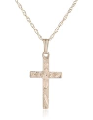 14k Yellow Gold Solid Hand Engraved Cross Pendant Necklace, 18"
