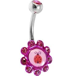Pink Gem Ladybug Logo Flower Belly Ring