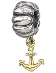 Zable (tm) 14k Anchor Dangle Pandora Compatible Bead / Charm in 925 Silver and 14k Yellow Gold