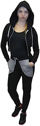 Crop Top Sweatsuit Loungewear Hoodie Jacket Jogger Pants Fleece Lining, Black Medium