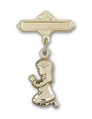 14kt Gold Baby Badge with Praying Girl Charm and Polished Badge Pin