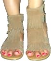 Shoehorne Womens Wild Diva Beige Tan Fringed Tassle Flat Gladiator Roman Sandals w/ buckle closure - Size
