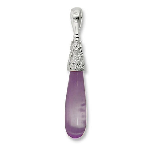 Sterling Silver Purple Fiber Optic Carved Drop Pendant on Snake Chain by Sajen, 18