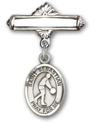 Sterling Silver Baby Badge with St. Sebastian/Basketball Charm and Polished Badge Pin