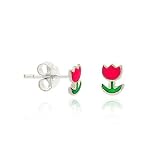 Sterling Silver .925 Pink Green Tulip Flower Enamel Mini Small Kid Stud Earrings