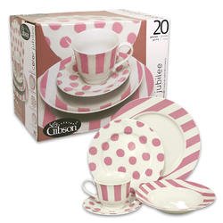 Pink Polka Dot Stripe Dish Plate Bowl Set for 4 Dinner
