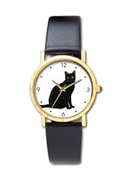 Black Cat watch classic size of 1.1/4 inch diameter Has gold tone case with black leather band. Battery operated.