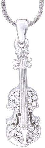 18" Snake Chain Rhodium Plated Necklace and Musical Instrument Pendant with Swarovski Crystal Elements (Violin)