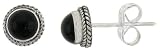 Sterling Silver Oxidized Stud Earrings, w/ Rope Designs & 5mm Cabochon Cut Black Onyx, 7/16 (8mm) tall