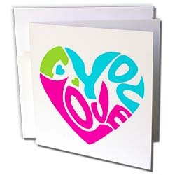 Anne Marie Baugh Hearts - Heart Made With The Words I Love You In Blue, Green, and Pink - Greeting Cards-6 Greeting Cards with envelopes On Sale