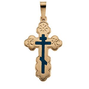 14K Yellow Gold Blue Inlayed Orthodox Cross Pendant