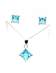 Toc Sterling Silver Aqua Princess Cut Cz Pendant and Stud Earrings Set