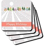 S. Fernleaf Designs Folk Art Landscapes - Holiday, Folk Art, Landscape, Houses, Light Gray Sky, Snow - Coasters