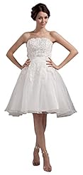Strapless Organza Knee Length Short Beaded Crystal Lace Wrap Wedding Dress  With a Sash 
