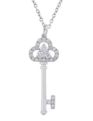 Platinum Plated Sterling Silver White Cubic Zirconia Crown Key Pendant Necklace with Plain Stem, 16" + 2" Extender