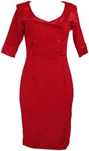 Red Double Button Rockabilly Pinup Pencil 3/4 Sleeve Dress - X-Large