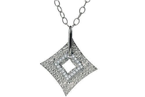 14K White Gold Hammered-Finish Sliding Diamond-Shaped Pendant, Enhanced with Pave Set Diamonds, Set on a 16 Oval Open-Link Necklace.