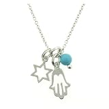 Hamsa Hand , Star of David & Turquoise Sterling Silver Charm Necklace