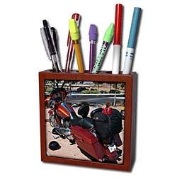 Jos Fauxtographee Realistic - A Helmet on The Ground and a Back Pack on A Burnt Orange Harley-Davidson® in Utahs Dixie - Tile Pen Holders-5 inch tile pen holder