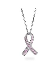 Bling Jewelry 925 Sterling CZ Breast Cancer Awareness Pink Ribbon Necklace 16in