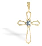 14K Yellow Gold Genuine Round Aquamarine Cross Pendant