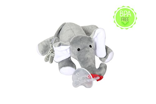 Pacifier Holder Clip Plush Elephant - Non Toxic Safe ECO Friendly - Soothing and Comfortable Toy with Detachable Silicone Baby Binky - Clip Holder - Squeaky Sound