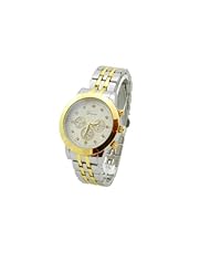 Two Tone (Silver & Gold) Chronograph Bracelet Geneva Oversized Womens Boyfriend Style Quartz Watch, Model 1022