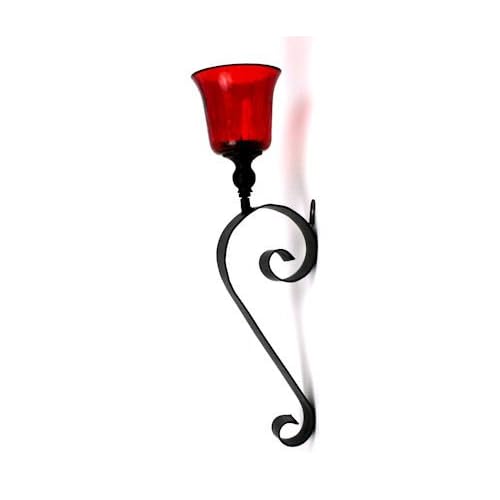 Wrought Iron Candle Wall Sconce with Red Crackle Glass Candle Holder