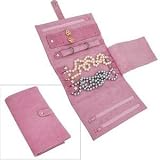 HANDCRAFTED CHESTS Gena Tri-fold Travel Jewelry Case, Genuine Pink Suede/Pink Faux Suede, 13 1/2 x 8 open