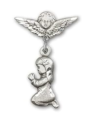 Sterling Silver Baby Badge with Praying Girl Charm and Angel w/Wings Badge Pin