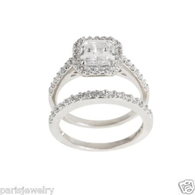 ParisJewelry 1 Carat Silver Asscher-cut Clear Diamond Bridal Ring Set
