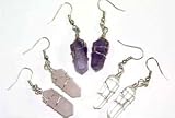 3 Pair Double Terminated Wire Wrapped Amethyst, Quartz and Rose Quartz Crystal Point Earrings