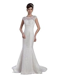 Scoop Neck Cap Sleeves Spring Fall Mermaid Lace  Dress with a Brush/Sweep Train 