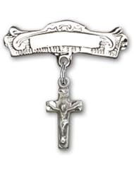 Sterling Silver Baby Badge with Crucifix Charm and Arched Polished Badge Pin