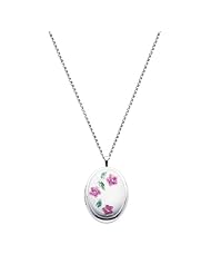 Sterling Silver Pink Enamel Flower Engraved Locket Pendant (1" or 25mm Height) with 1.5mm Rolo Cable Chain - 18" Inches